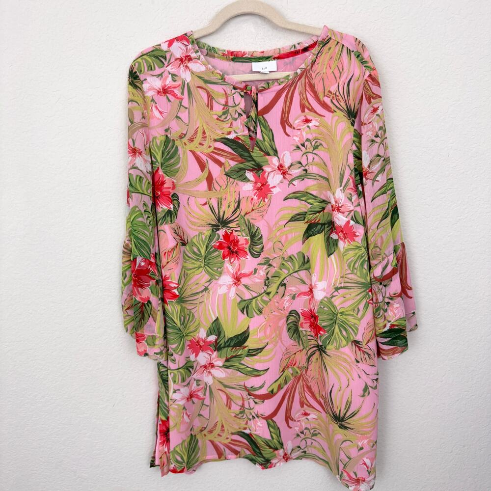 J. Jill Womens Tunic Top Blouse Size XL Tropical Floral Summer Flowy Pink